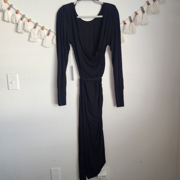 Young Fabulous & Broke Black Drapped Back Ruched Long Sleeve Belted Midi Dress L - Picture 2 of 10